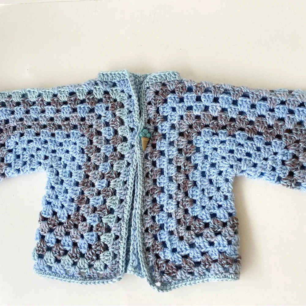 Sweater Beanie Hat Set Hand Crafted Baby Blue Tan Kimono